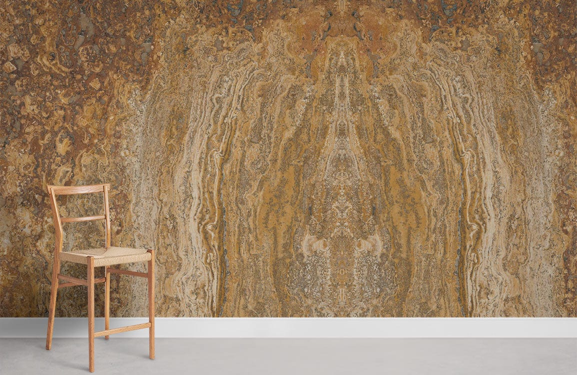 Rustic Earth Tones Abstract Marble Texture Mural Wallpaper with wooden chair in modern living room.