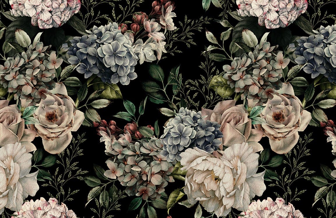 Vintage Floral Wallpaper with Dark Botanical Roses and Hydrangeas Design
