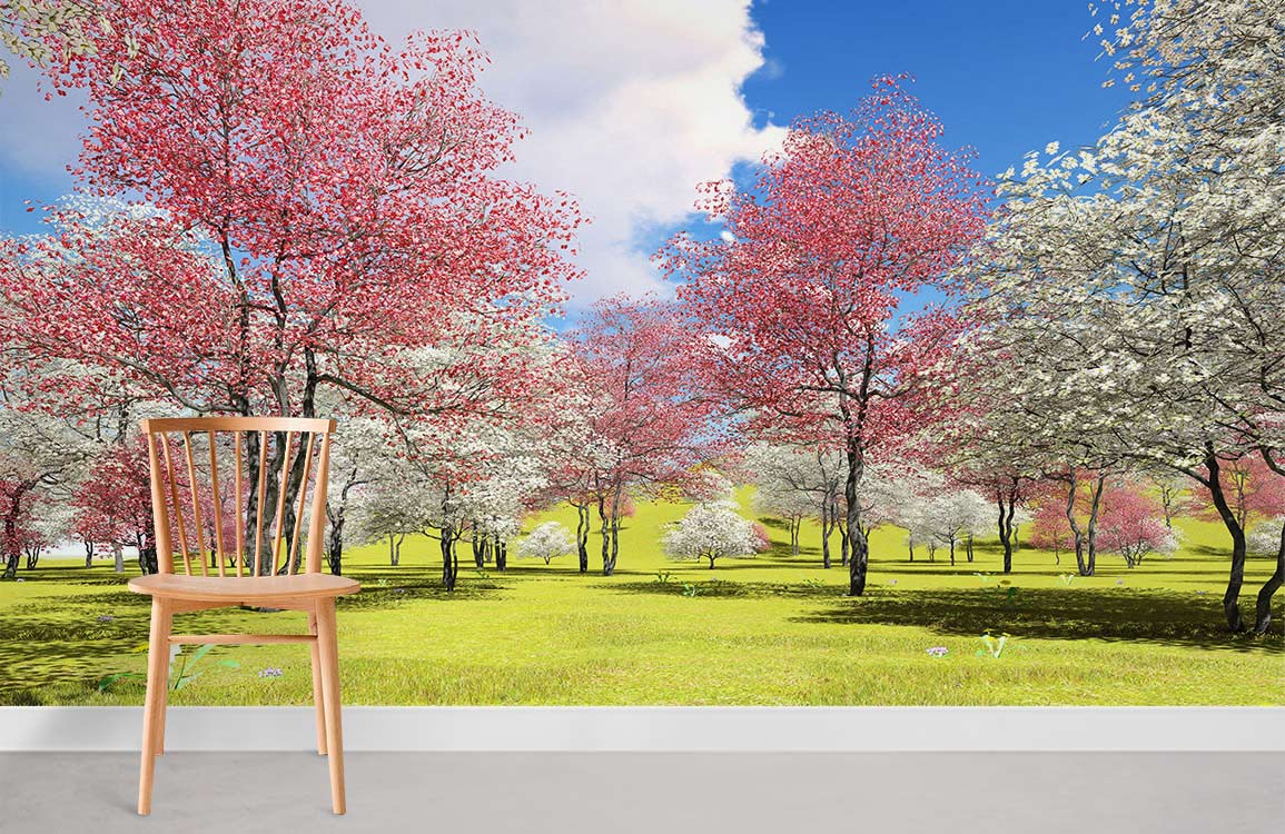 Springtime Blossom Mural Wallpaper; pink and white trees; wooden chair; grey floor; living room.
