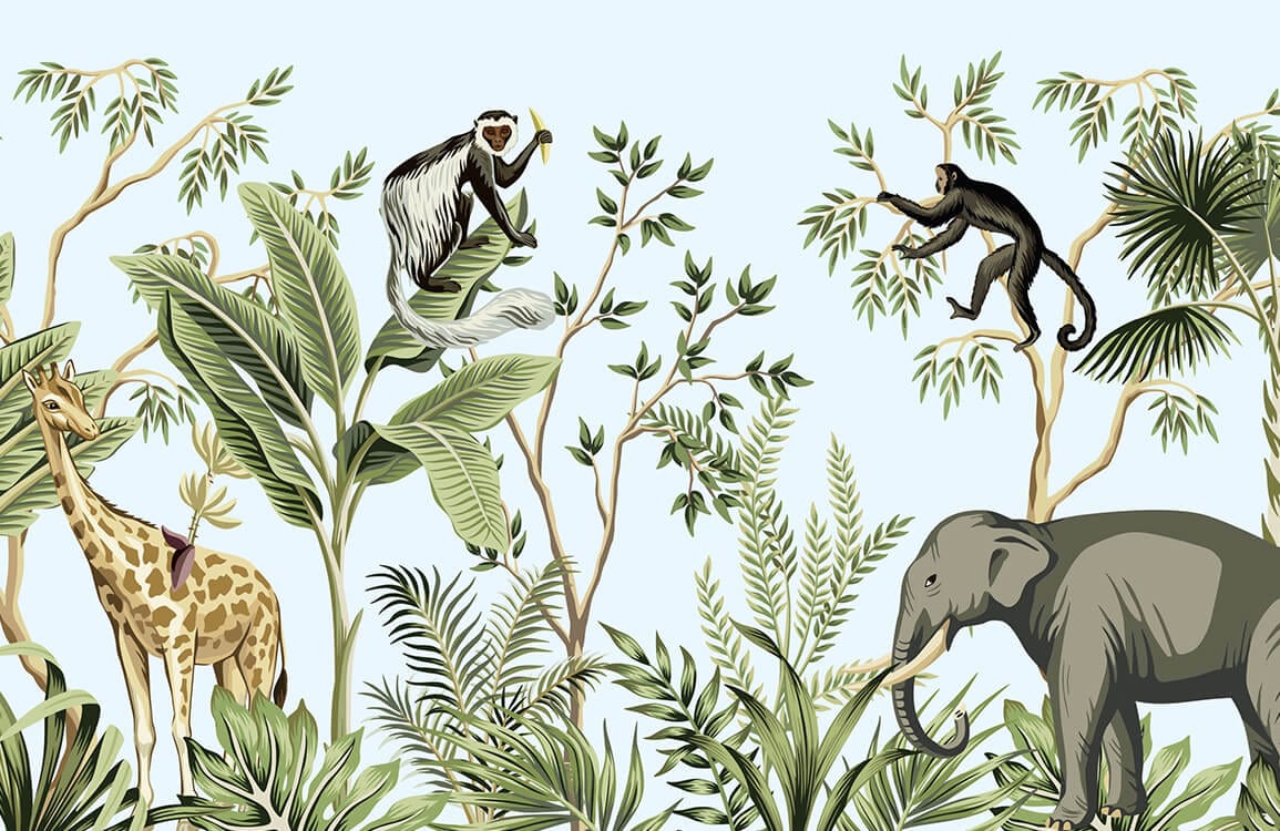Tropical Jungle Safari Animals Mural Wallpaper, Green Botanical Nature Design