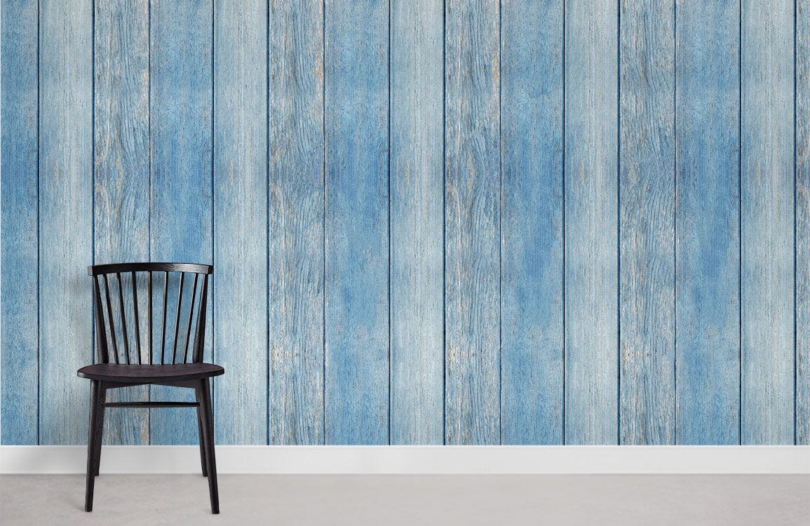 Vintage blue plank wallpaper for coastal interiors, black chair, grey flooring, minimalist decor style.