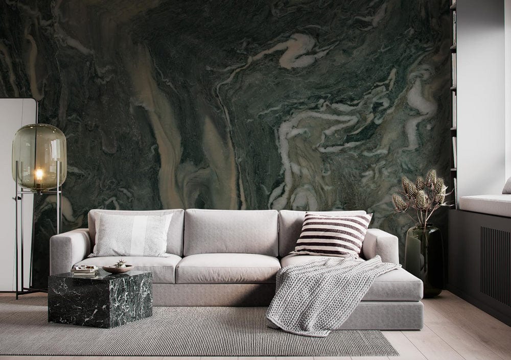 Sophisticated wallpaper in green marble effect, elegant swirl, light grey sofa, modern lamp, cosy setting.