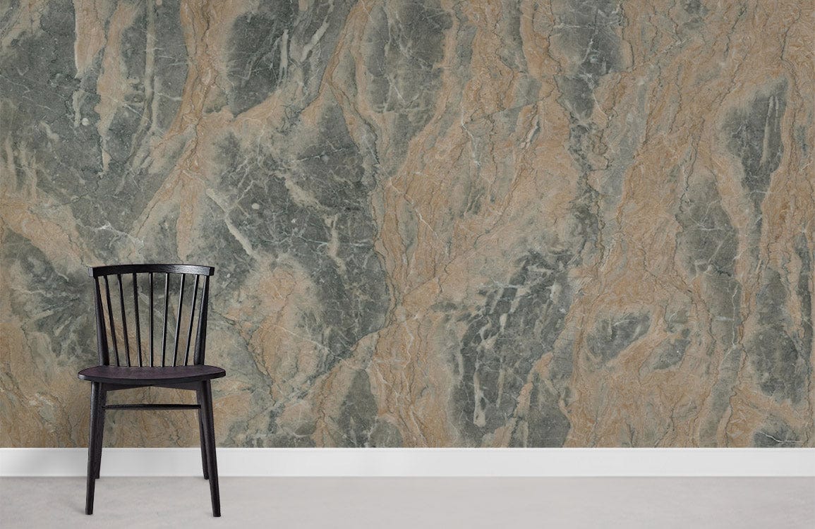 Black chair against natural stone effect mural wallpaper in grey and earth tones, creating elegant ambience.