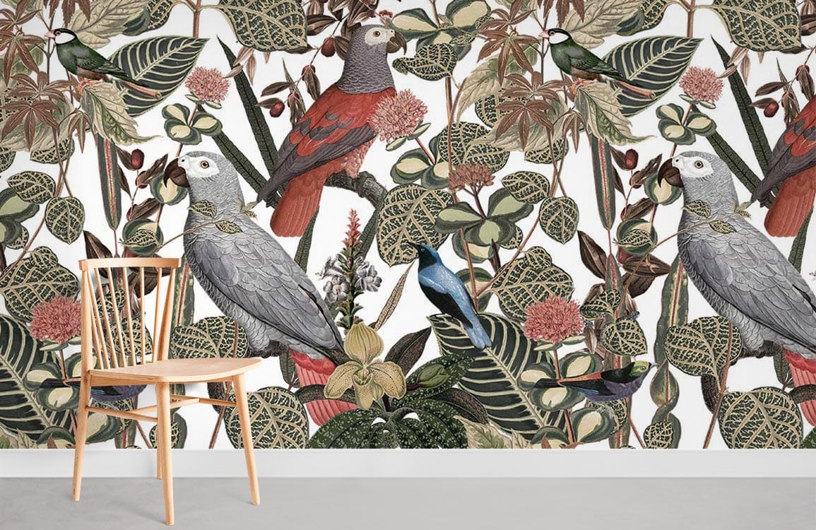 Tropical parrot mural wallpaper in green and red, wooden chair, grey flooring, botanical theme.