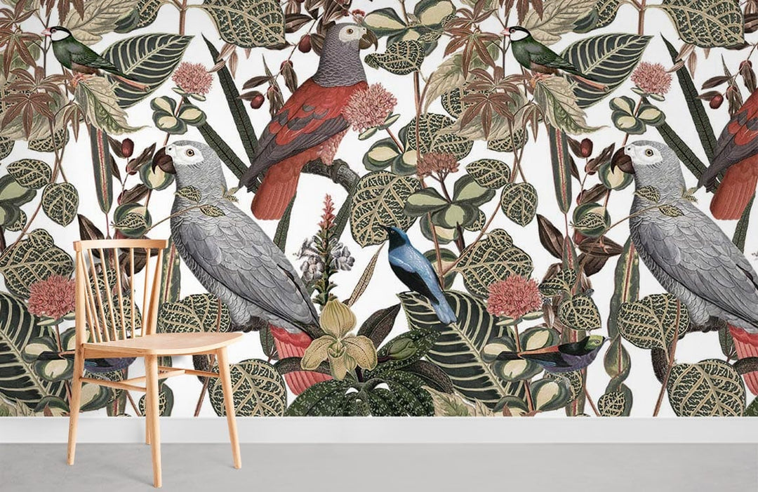 Tropical parrot mural wallpaper in green and red, wooden chair, grey flooring, botanical theme.