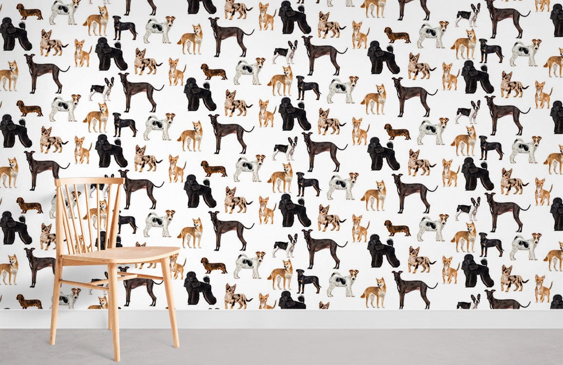 Charming dog breeds wallpaper, multicolour pattern, wooden chair, grey flooring, perfect for pet lovers.