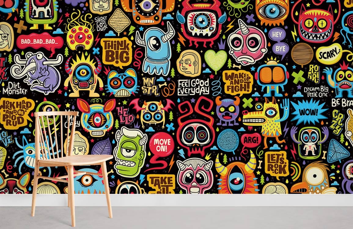 Vibrant urban graffiti monster wallpaper with bold retro colours; wooden chair on grey flooring.