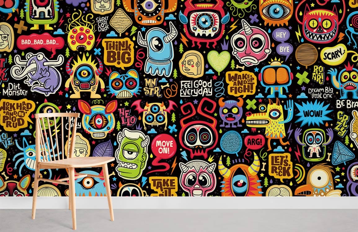 above black background, multi-coloured alien monsters is making faces wallpaper mural