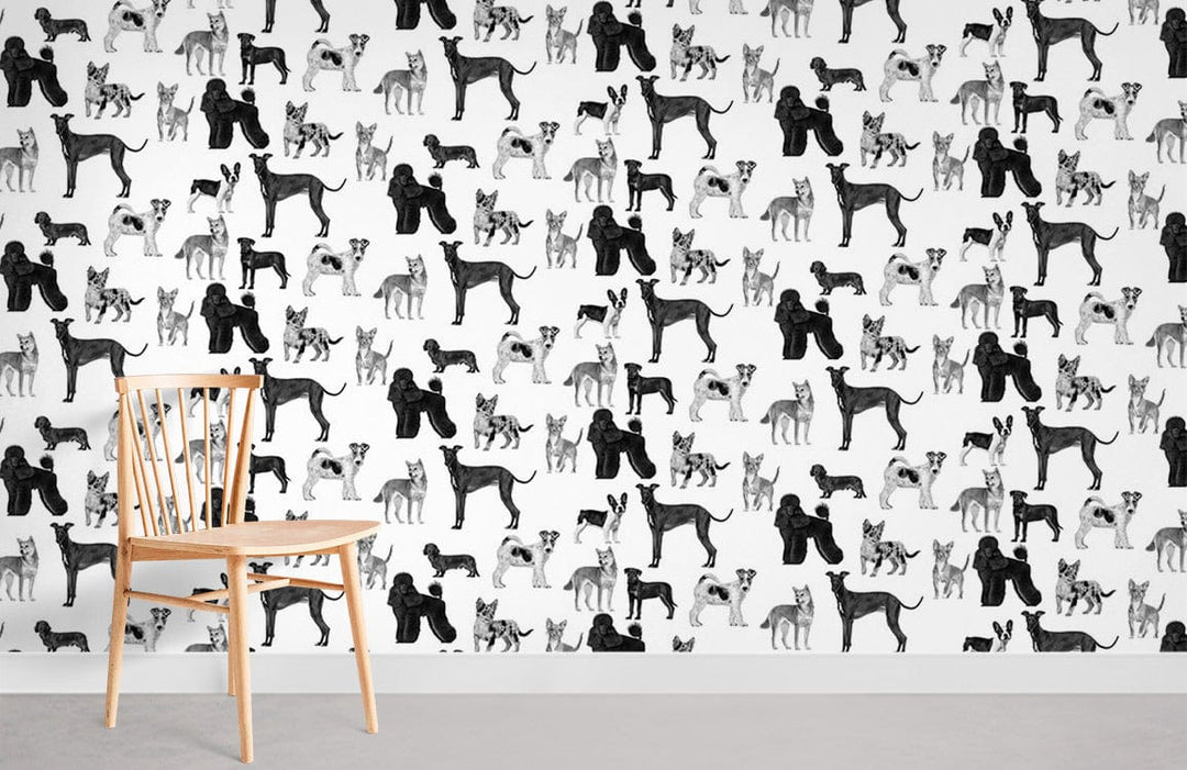 Monochrome dog pattern wallpaper with wooden chair, grey flooring; stylish black and white decor.