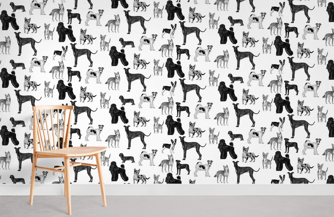 Monochrome dog pattern wallpaper with wooden chair, grey flooring; stylish black and white decor.