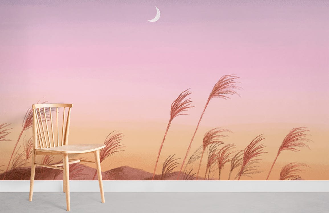 Serene Pastel Sunset Mural Wallpaper, crescent moon, landscape, wooden chair, light grey flooring.