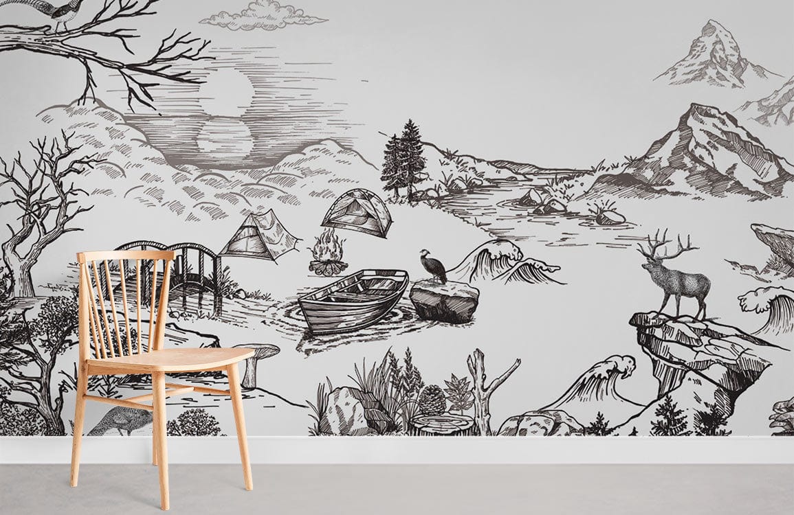 Vintage monochrome mural wallpaper with rustic wildlife; wooden chair; grey floor in a neutral room.