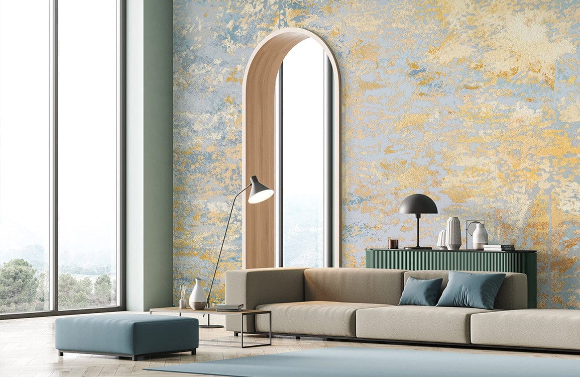 Serenity Dreamscape mural with textured blue-gold design; elegant living room sofa and modern decor elements.