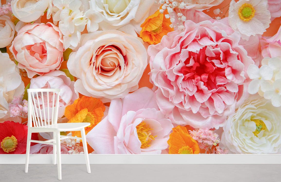 Pastel Blossom Harmony Floral Mural Wallpaper with romantic pink and peach flowers, white chair, grey floor.