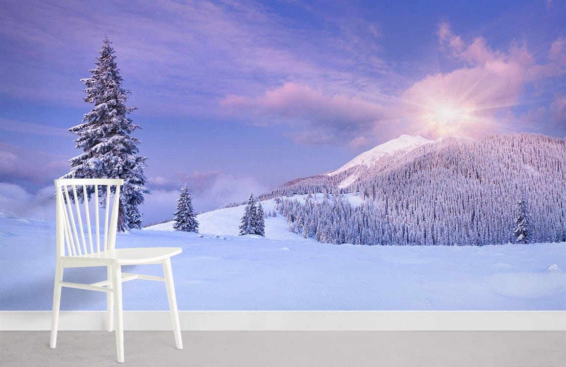 Tranquil Winter Dawn Mural with serene mountain landscape, white chair, grey flooring, blush wall.