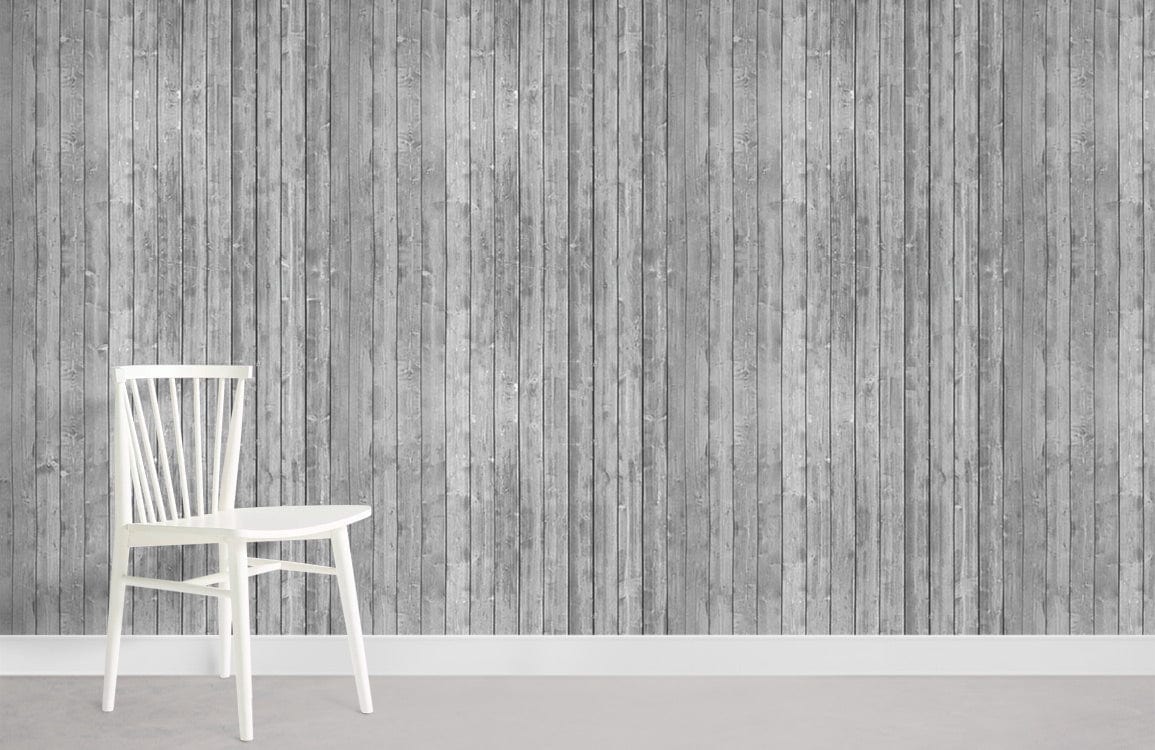 Rustic Grey Weathered Wood Wallpaper with white chair; vintage industrial style in minimalist room setting.