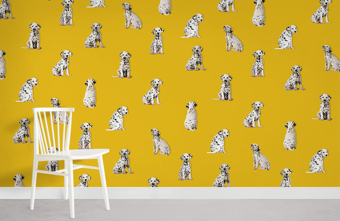 Vibrant yellow Dalmatian pattern wallpaper with white chair on concrete floor; charming Décor enhancement.
