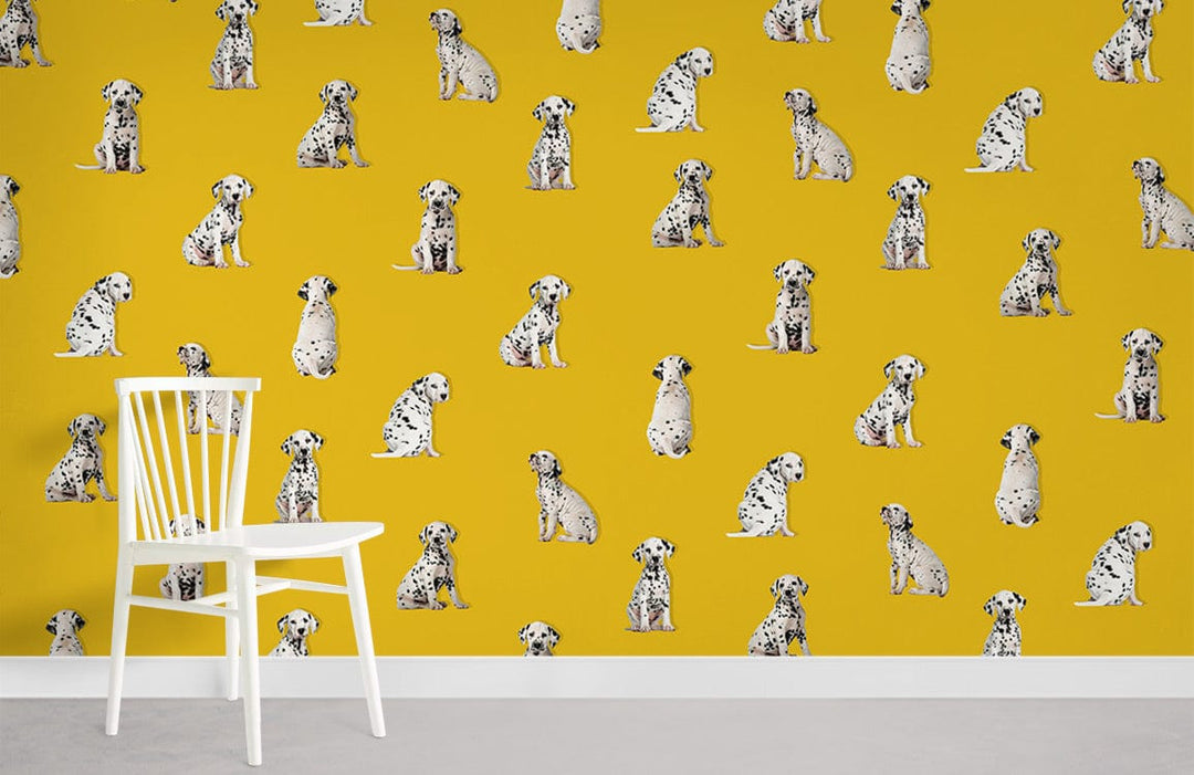 Vibrant yellow Dalmatian pattern wallpaper with white chair on concrete floor; charming Décor enhancement.
