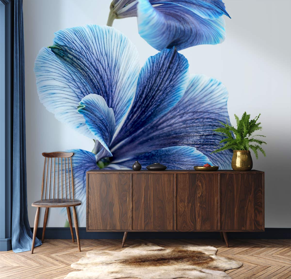 Elegant Blue Floral Art Nouveau Wallpaper in living room with wooden sideboard and chevron-patterned flooring.