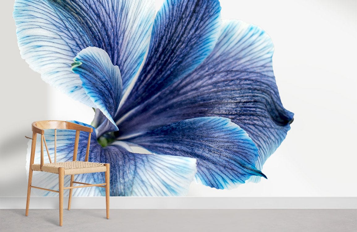 Elegant Blue Floral Art Nouveau Wallpaper with wooden chair, grey flooring, and minimalist style room setting.