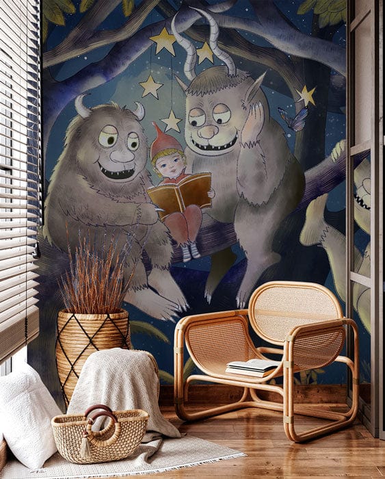 Cosy Night Forest mural with creatures, rattan chair, wooden flooring, natural decor, warm ambience.