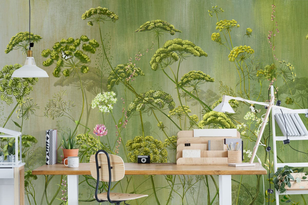 Botanical Garden Green Floral Mural Wallpaper with wood desk, black chair, modern home office decor.