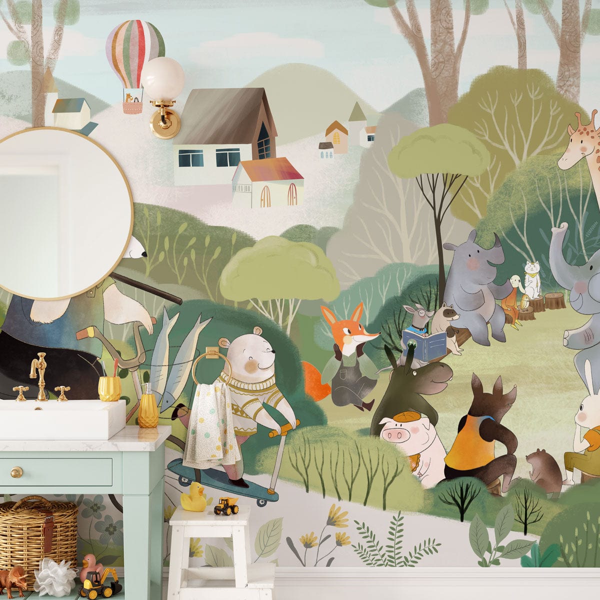 Whimsical Forest Friends Adventure Mural Wallpaper, soft pastels, bathroom setting, turquoise vanity furniture.