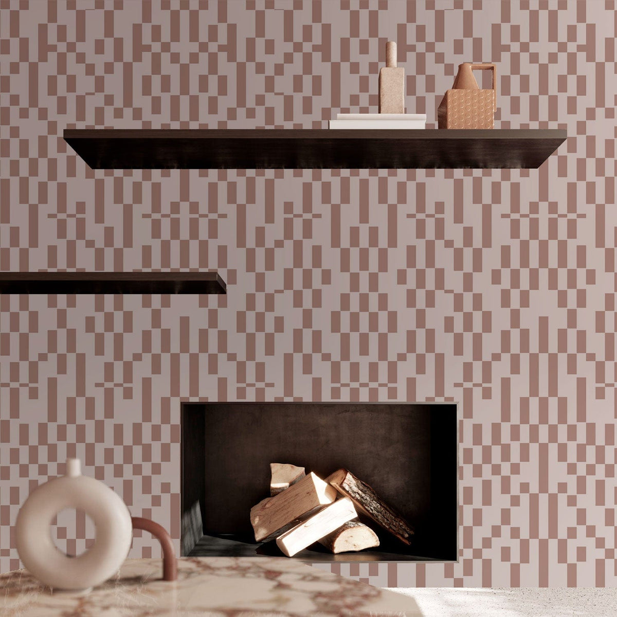 Elegant Beige Geometric Pattern Wallpaper, black shelves, marble coffee table, modern fireplace, contemporary room design.