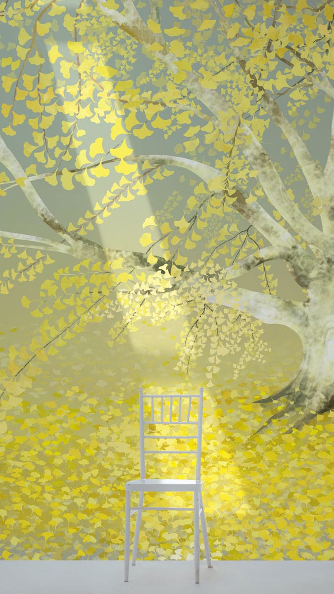 Golden Dreamscape Tree Mural Wallpaper in yellow and grey, white chair, minimalist design, vibrant interior.