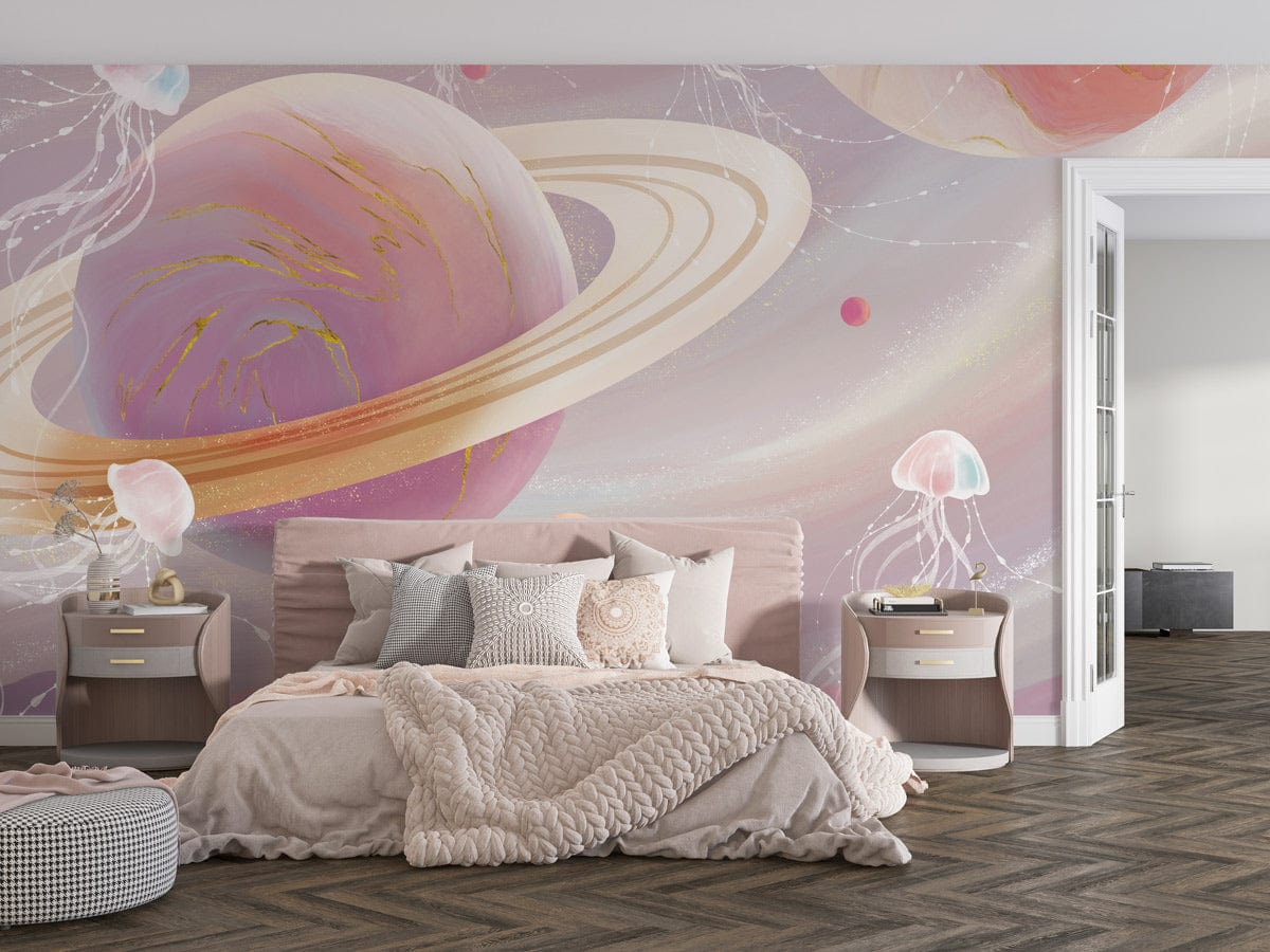 Ethereal pink cosmic jellyfish mural in bedroom, modern bed, grey chevron flooring, pastel decor.