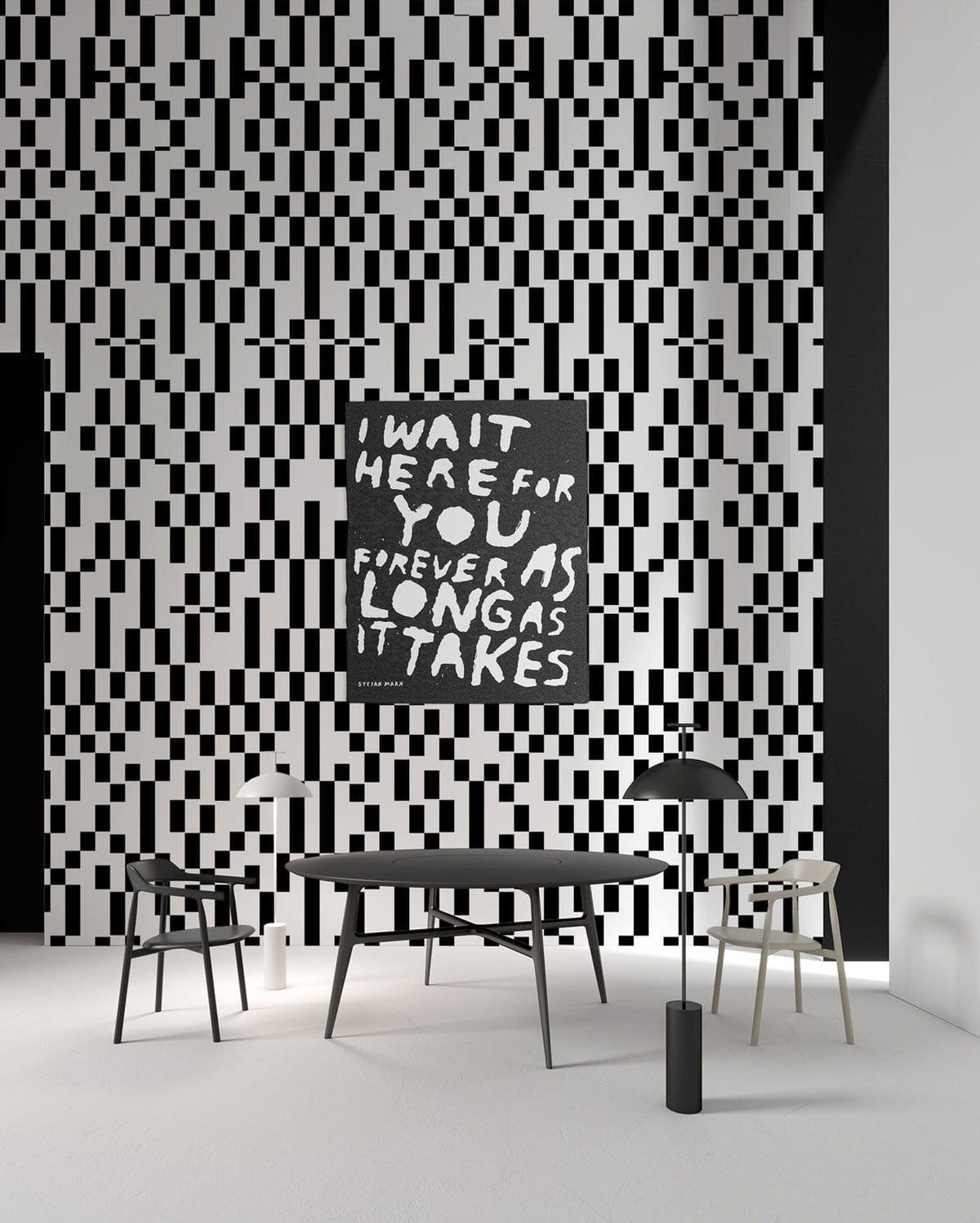 Monochrome geometric pixel pattern wallpaper, black modern table, minimalist chairs, white floor, contemporary room.