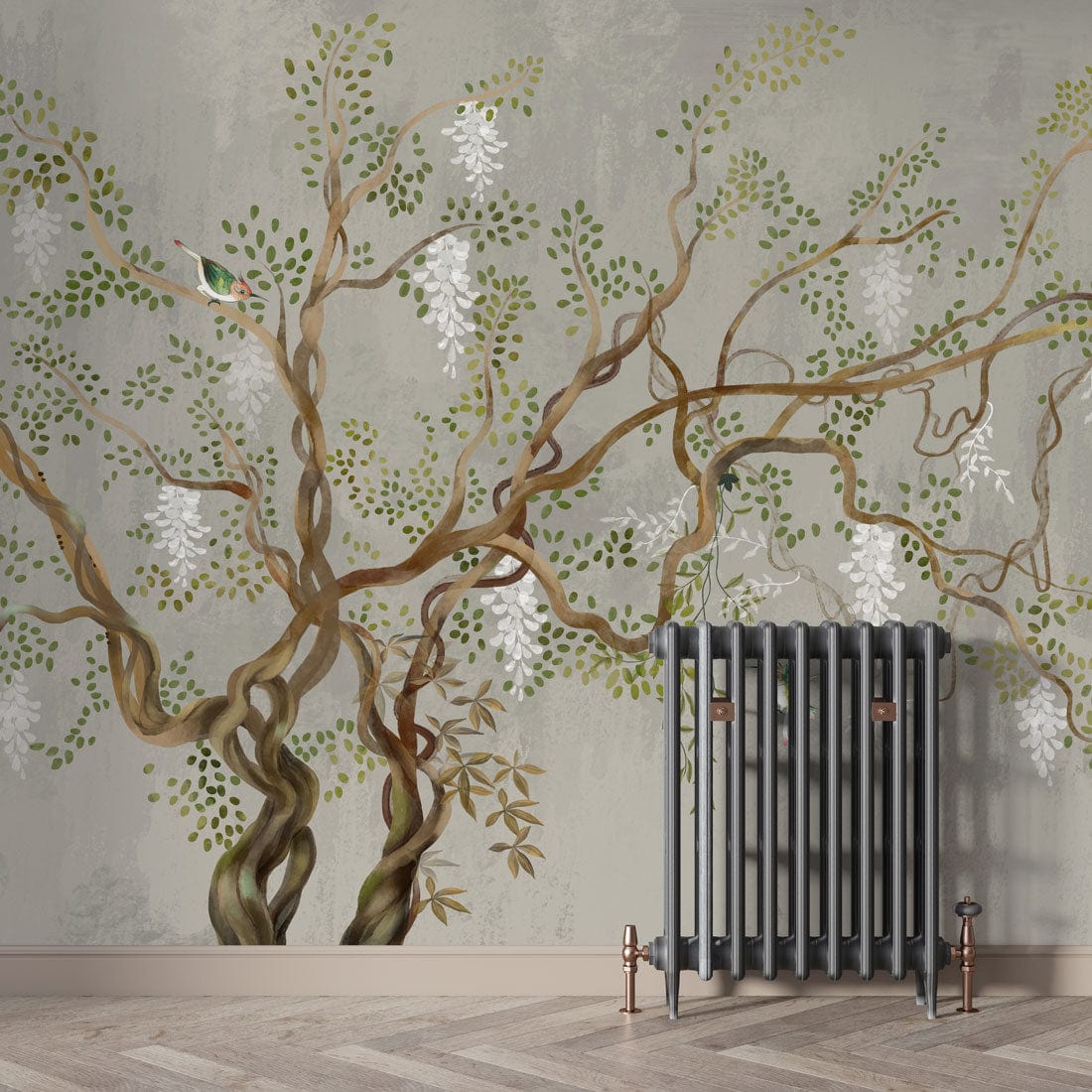 Elegant botanical mural wallpaper in pastel green, featuring nature-inspired design with classic radiator, wooden flooring.