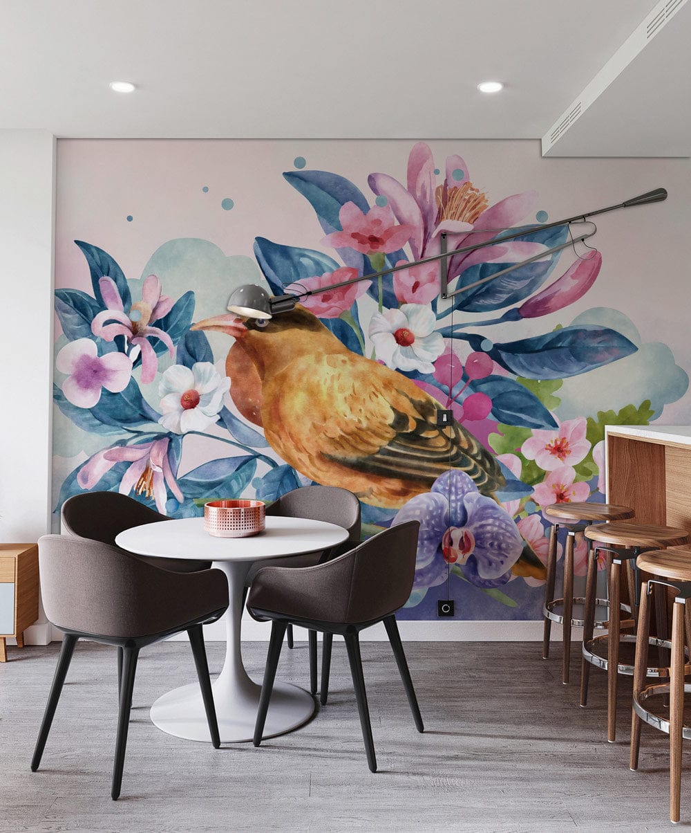 Floral Bird Paradise Mural Wallpaper enhances modern dining room with grey chairs, wooden bar stools.