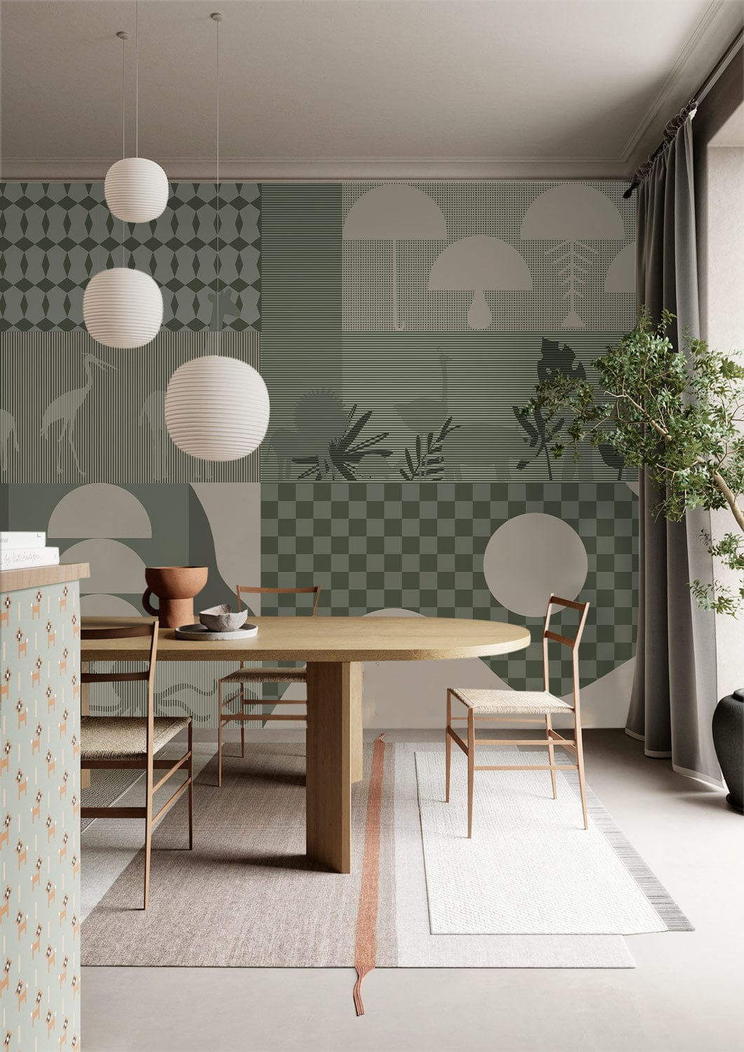 Geometric Safari sage green wildlife mural wallpaper in modern dining room with wooden table, pendant lights.