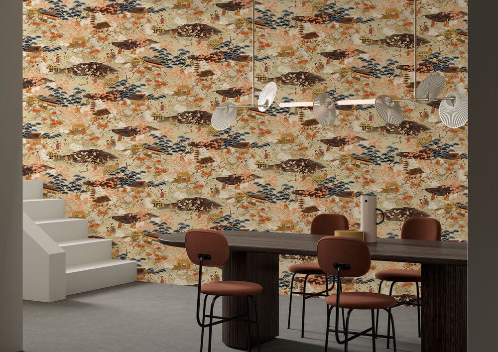 Vintage Oriental Landscape Mural Wallpaper highlighting earthy and blue tones with modern chairs and grey flooring.