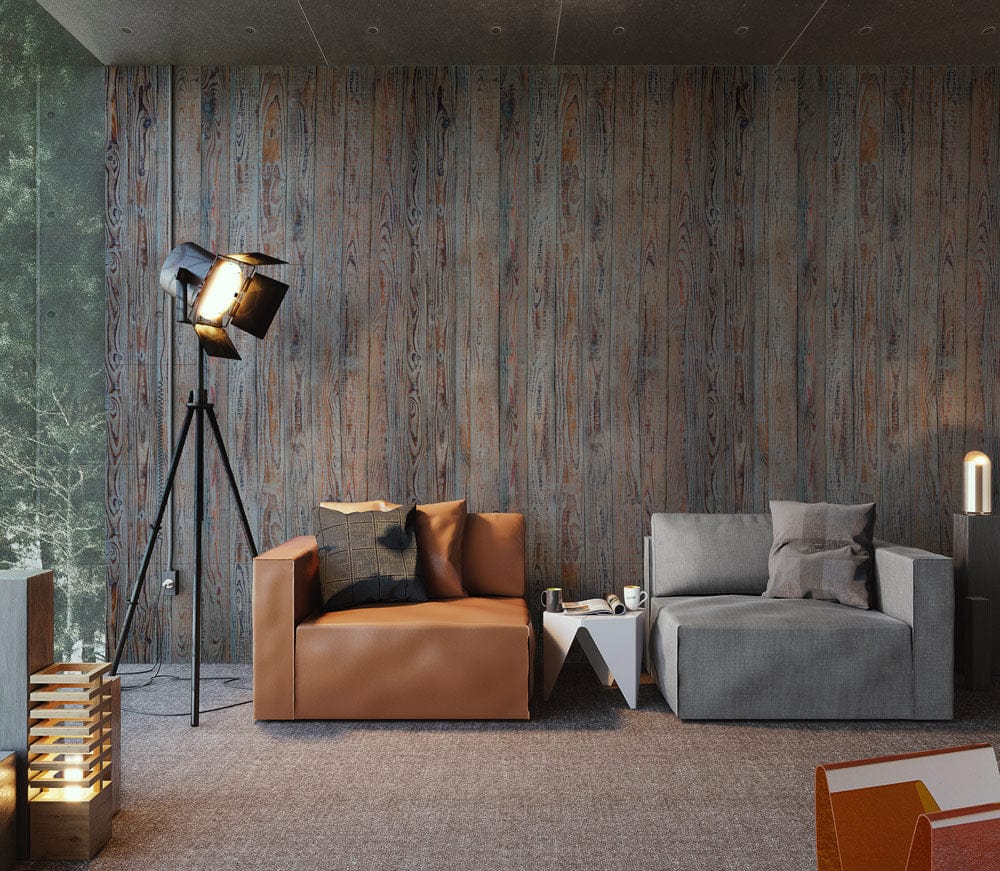 Rustic weathered wood mural wallpaper, grey and brown. Modern living room, brown leather, grey fabric sofas.