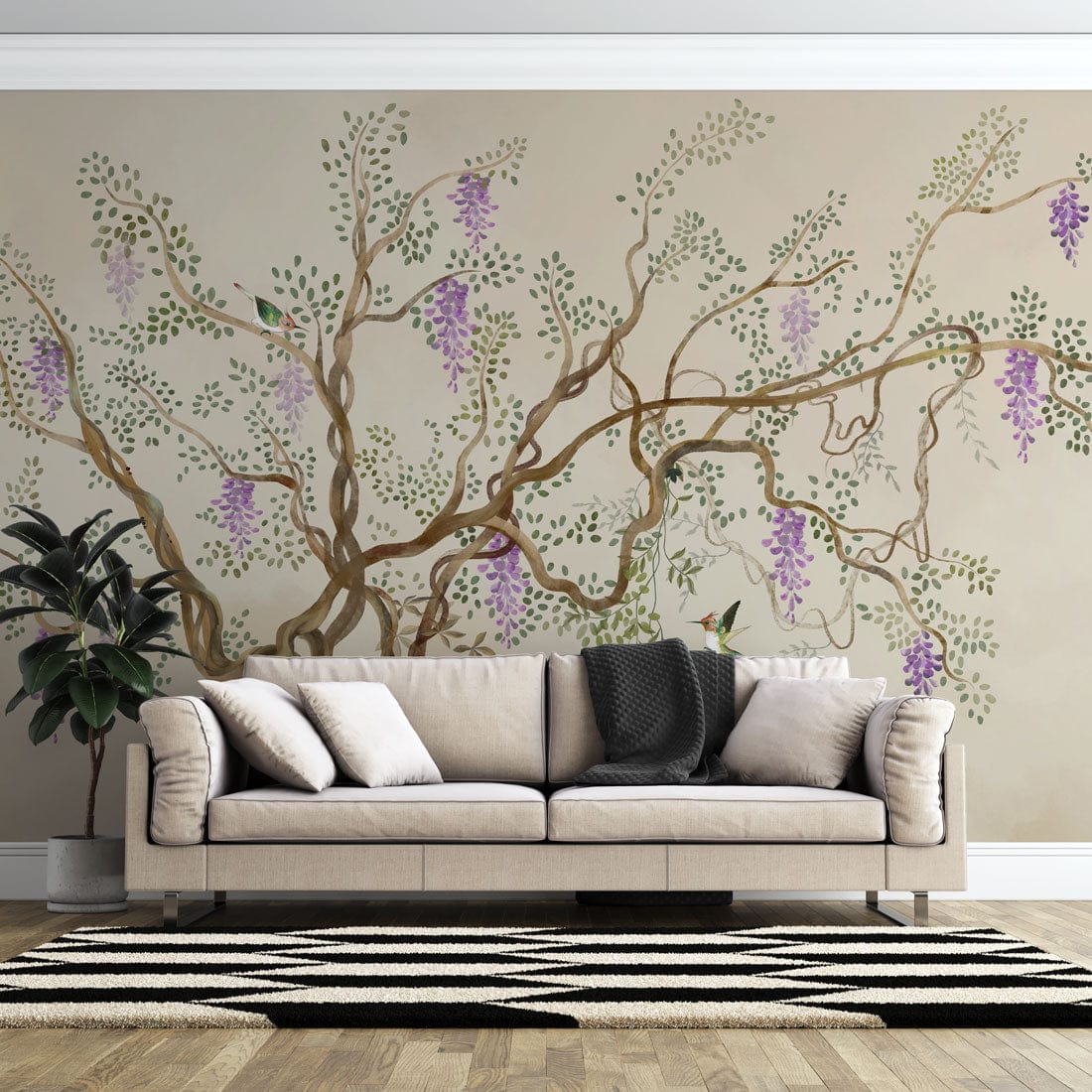 Vintage Botanical Wisteria Mural Wallpaper, soft earthy tones, beige sofa, wooden flooring, stylish living room.