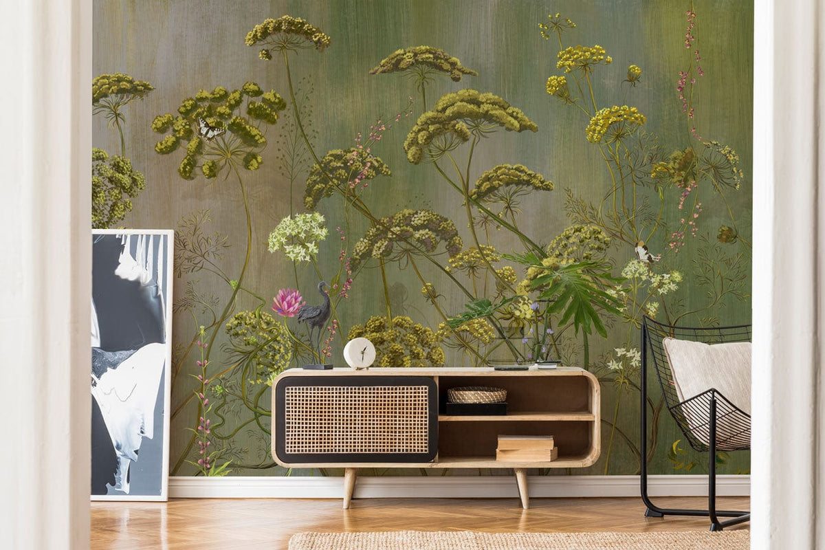 Botanical Garden Green mural wallpaper with wildflowers, modern console, contemporary chair, wooden flooring.