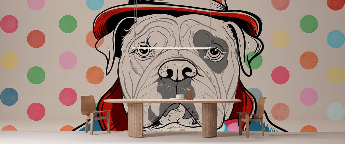 Colourful polka dot bulldog wallpaper in quirky vintage style with modern dining set and wooden chairs.