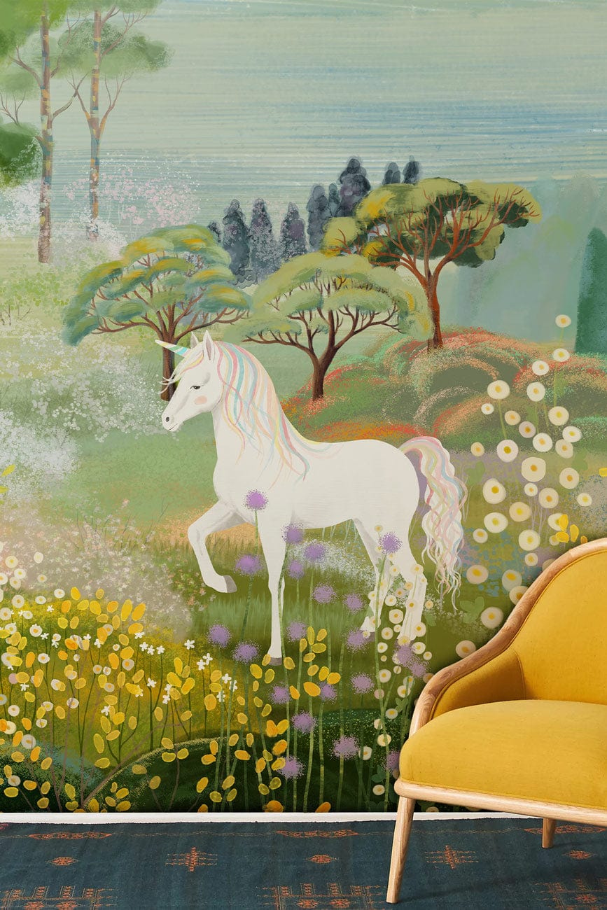 Enchanted Forest Unicorn Mural Wallpaper with yellow modern chair, children's room whimsical pastel design.