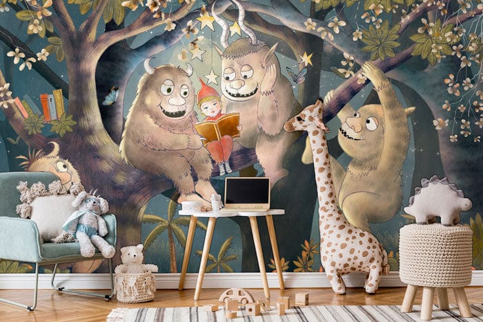 Whimsical Forest Creatures mural wallpaper in children's room with plush toys, light wood desk, and chair.