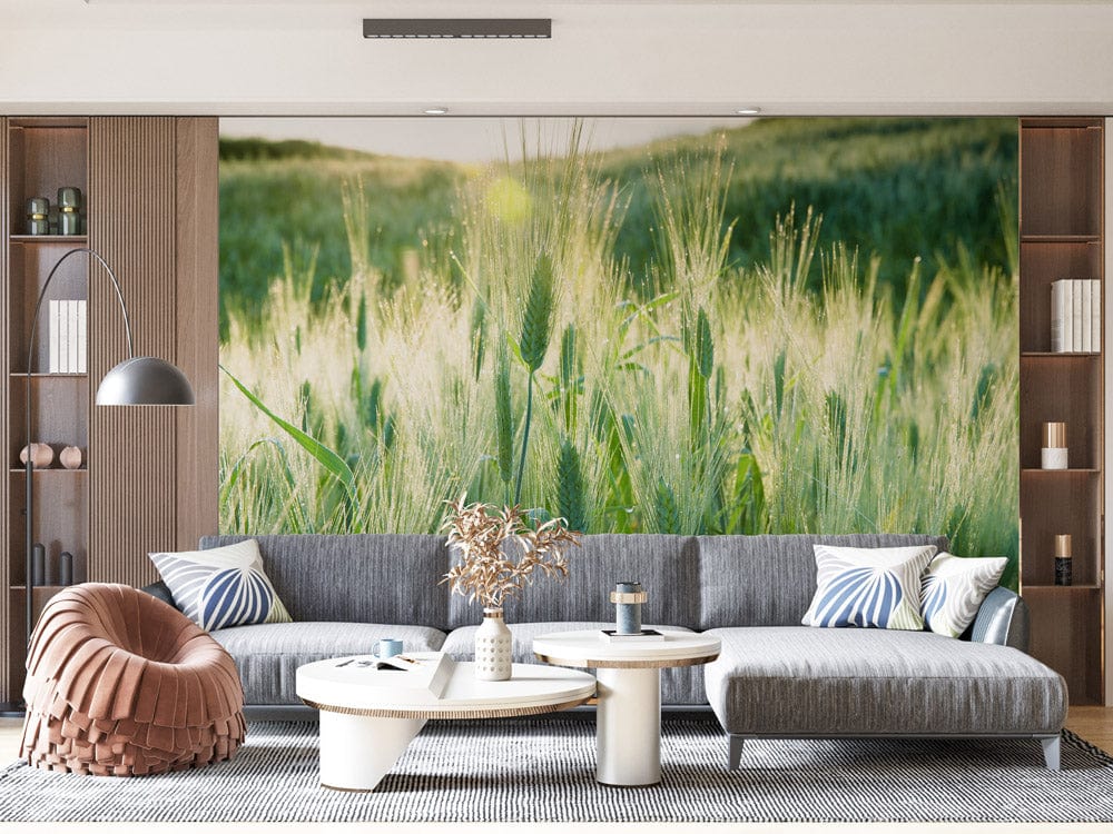 Sunlit Meadow Mural for Serenity, grey sofa, wooden shelves, modern lamp, cosy living room setting.