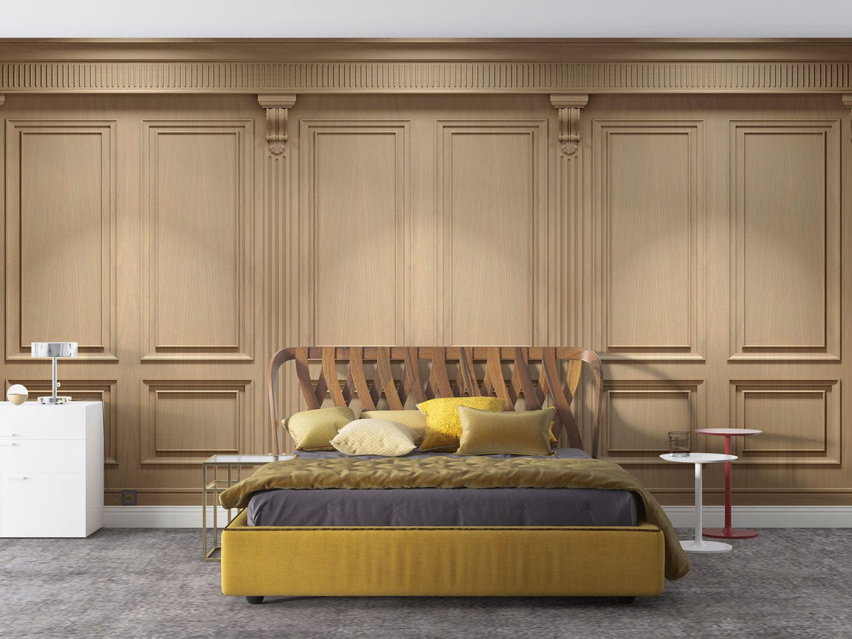 Classic Beige Wooden Panel Wallpaper in elegant bedroom with mustard velvet bed, grey carpet flooring.