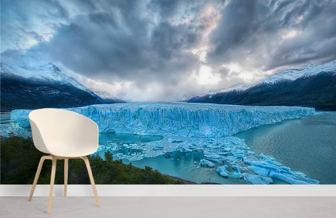 Spectacular glacier mural wallpaper with white chair in modern living room, beige flooring.