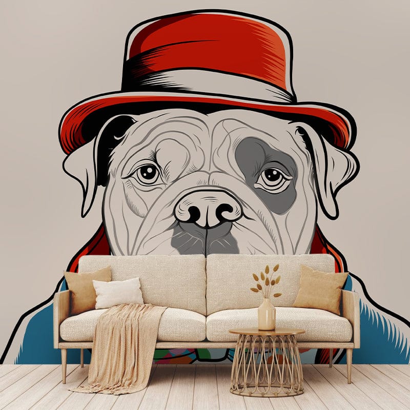Colourful dog mural wallpaper with red hat, beige modern sofa, light wooden flooring, living room.