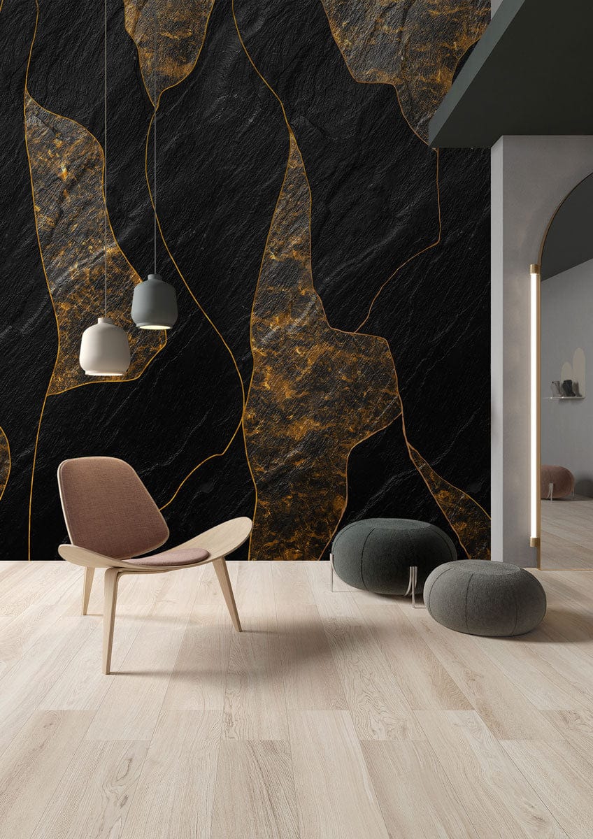 Luxurious marble textured mural in living room with modern chair, pendant lights, and wooden flooring.