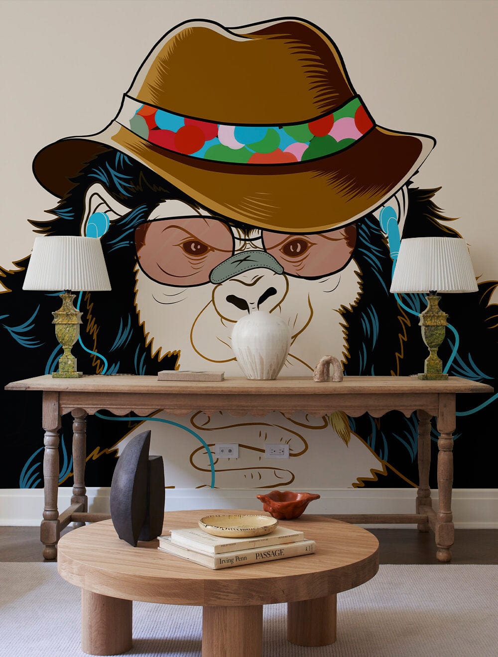 Chic Monkey Hipster Mural Wallpaper, wooden table, round coffee table, table lamps, lounge setting.