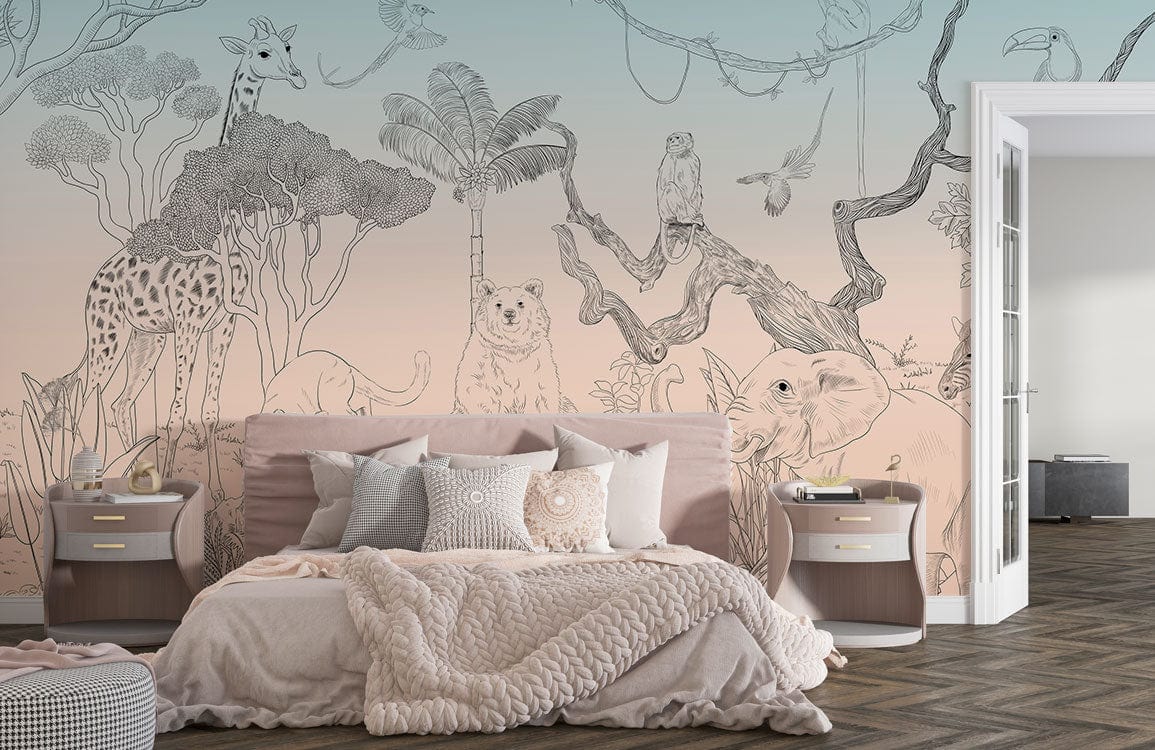 Vintage Safari Jungle Mural Wallpaper, pastel tones, bedroom decor, elegant bed, parquet flooring, soft accents.