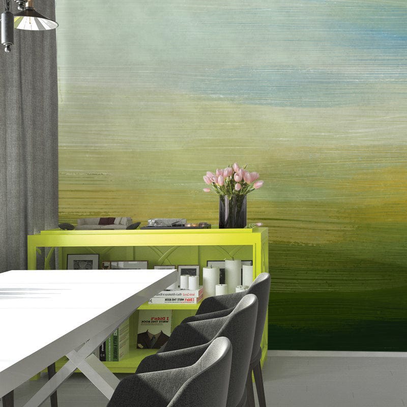 Serene green-blue gradient mural wallpaper, grey chairs, yellow shelf, white table, modern dining room.
