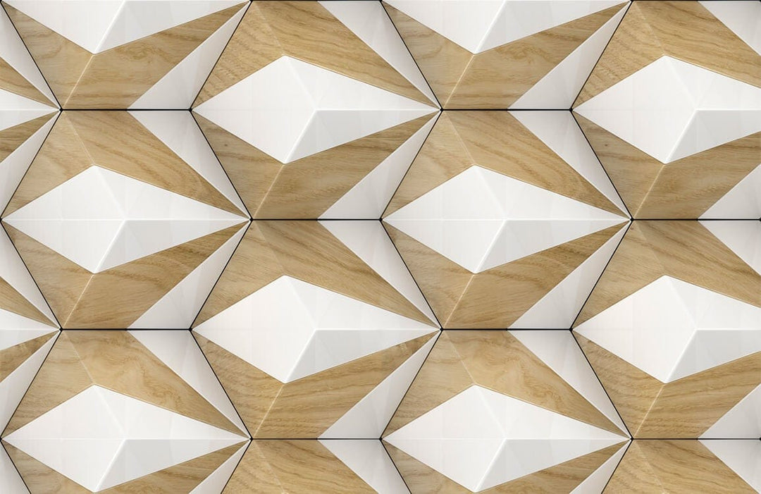 3D Geometric Diamond Pattern Wallpaper in Natural Wood and White Tones